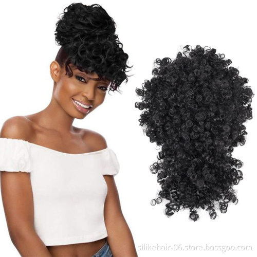 Cheap Afro Puff Hair Pieces For Women Short Kinky Curly Chignon With Bangs Drawstring Ponytail Synthetic Hair Bun Extensions